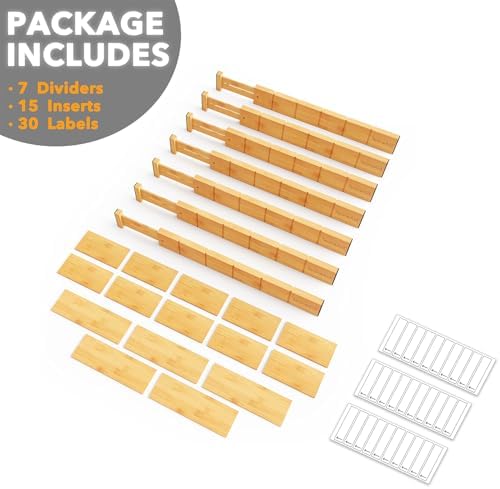 SpaceAid Bamboo Drawer Dividers with Inserts and Labels, Kitchen Adjustable Drawer Organizers, Expandable Organization for Home, Office, Dressers, 7 Dividers with 15 Inserts (17"-22" Natural)