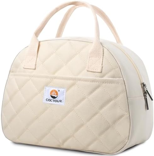 CaCTOUR Lunch Bag Women,Insulated Quilted Lunch Bag, Small Portable Cute Lunch Box,Cooler Bag Reusable Lunch Tote for Work/Travel/Picnic (Beige)