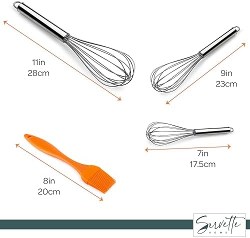 Kitchen Utensil Set with 3 Metal Whisks in 9, 7, 11 inches and Orange Silicone Basting Brush 8 x 1.25 inches