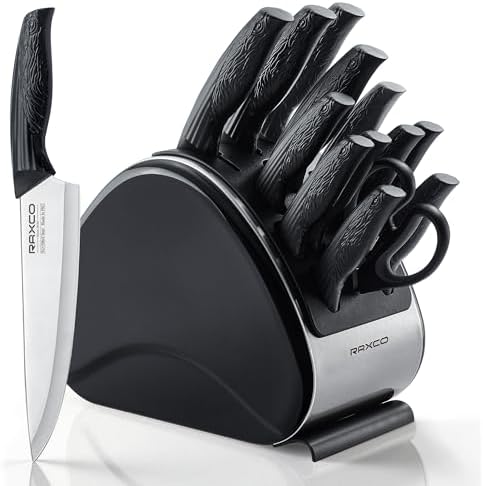 RAXCO 15-Piece Kitchen Knife Set with Sharpener, Black