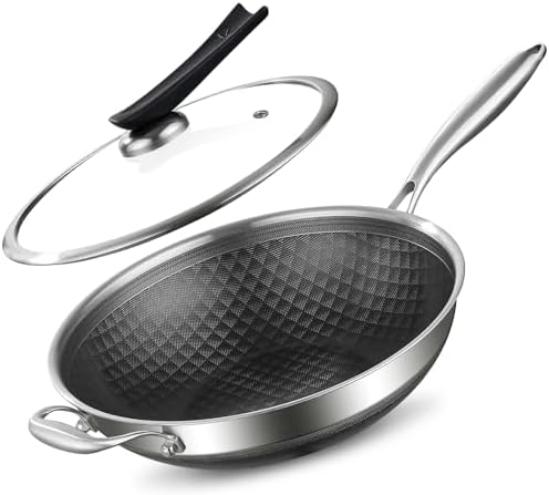 DELARLO 12-Inch Tri-Ply Stainless Steel Nonstick Wok with Lid, Induction
