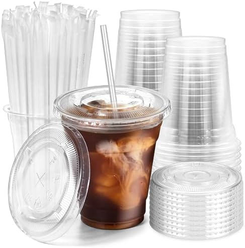 Fit Meal Prep 100 Pack 12 oz Plastic Iced Coffee Cups with Flat Lids and Clear Straws, Disposable Clear Cup, BPA Free Cup for Party, Smoothie, Cold Drinks, Juice, Milkshake, Bubble Boba, Tea