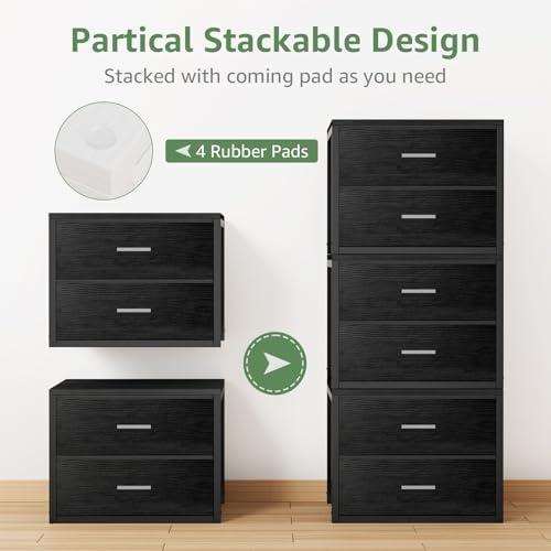BOLUO Stackable Storage Drawers Closet Organizers and Storage Fabric 2 Drawer Dresser for Bedroom Set of 2 Black Modern