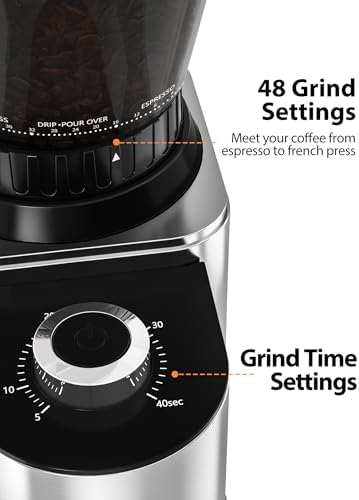 Aromaster Conical Coffee Bean Grinder, 48 Settings, Anti-Static, Sliver