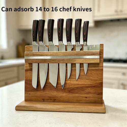Solid Acacia Wood Magnetic Knife Holder with Stainless Steel Sharpener, Double-Sided Knife Display Stand for Stylish Kitchens, Cooking Enthusiasts and Gifts