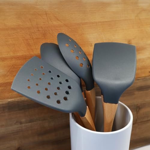 Beille 1pc Grey Nylon Skimmer Spoon with Soft Grip Ergonomic Wooden Handle Kitchen Utensils, 13 Inch