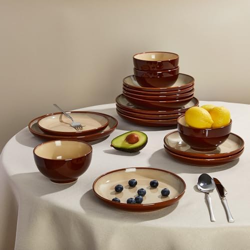 Pokini Stoneware Dinnerware Sets for 6, 24pcs Plates and Bowls Sets Dishes