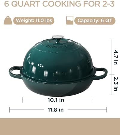 Enameled Cast Iron Bread Oven, 6QT Cast Iron Dutch Oven for Homemade Sourdough Bread Baking, Round Bread Pot with Dome Lid & Cotton Potholders, Bottle Green