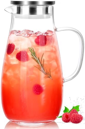Borosilicate Glass Pitcher with Lid and Handle, 64oz for Hot Cold Beverages