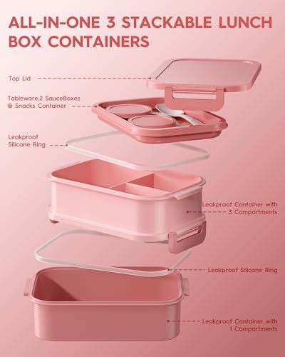 Adults Bento Lunch Box Set with Thermo Bag, 74oz Stackable Leak-proof 3-tiers Bento Box, Built-in Utensil and Sauce Container for Work, School, Dining Out (Pink)