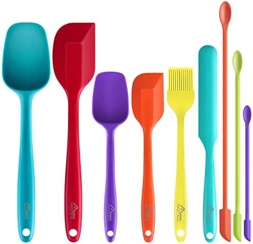 HOTEC BPA Free Heat Resistant Silicone Spatula Set Kitchen Utensils for Baking Cooking Mixing Non Stick Cookware Food Grade Dishwasher Safe (Multi-Color) Set of 9