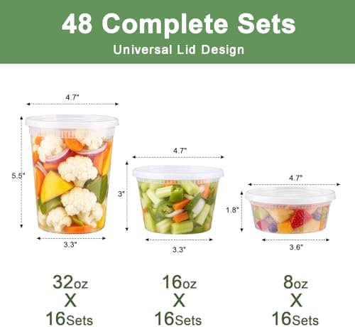 Lamosi Deli Containers with Lids 48 Sets, 32/16/8 oz X 16 Set Each