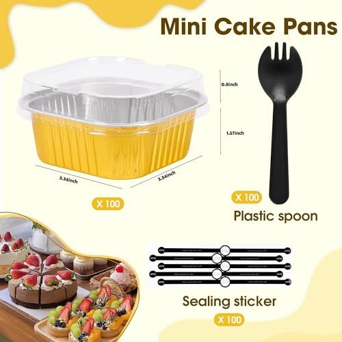 100 Pcs Mini Cake Pans with Lids, 10oz Square Aluminum Foil Brownie Baking Cups, Dessert Cupcake Cups with lids, Disposable Loaf Pans Cupcake for Wedding Birthday Party (White)