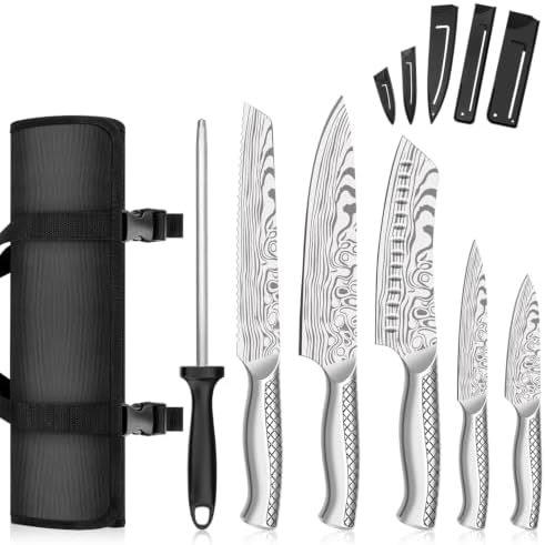 MOSFiATA Kitchen Knife Set 7 PCS with Foldable Roll Bag, Pro Stainless Steel 5Cr13MoV Ultra Sharp Santoku Knives with Honing Rod, Dishwasher Safe butcher Knife Set for Cooking Outdoor Travel