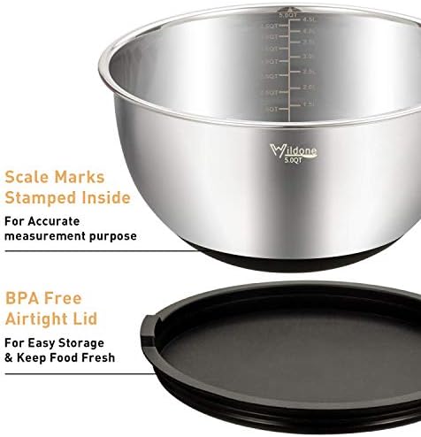 Wildone Mixing Bowls with Airtight Lids Set, 5PCS Stainless Steel Nesting Bowls for Kitchen, with Grater Attachments & Non-Slip Bottoms, Size 5, 3, 2, 1.5, 0.63 QT, Great for Mixing & Serving