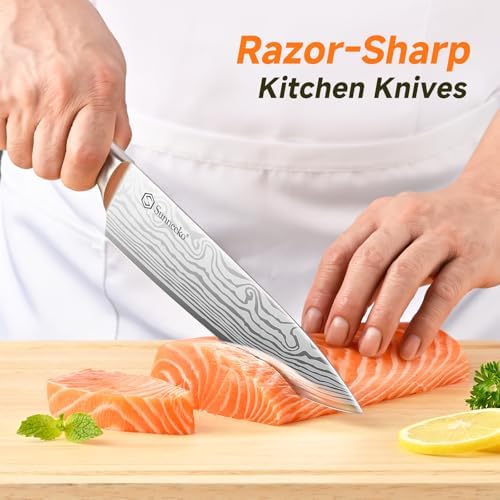 Knife Set with Block and Sharpener, 15 Piece Kitchen Knife Block Set