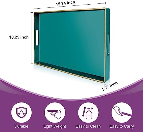 Gifturbo Teal Serving Tray,Rectangular Serving Trays with Handles, Plastic Coffee Table Tray Decorative Tray for Ottoman,Living Room, Bathroom, 15.7” x 10.2” x1.37”