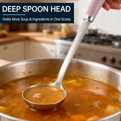 Safring Stainless Steel Soup Ladle and Spaghetti Spoon Set, Heat Resistant Rubber Handle, Dishwasher Safe, Kitchen Utensils for Cooking, Stirring, Serving Pasta, Soup & Sauce (Pink)