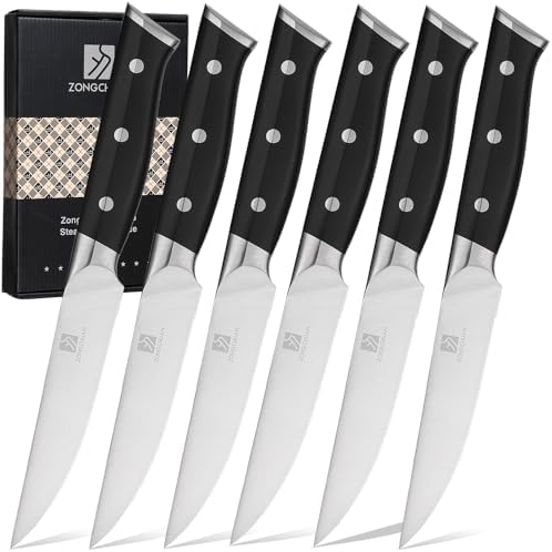 Medium Steak Knives Set of 6, 4.5 Inch High-Carbon Stainless Steel Serrated Steak Knife,Ergonomic Black Handles,Razor-Sharp, Dishwasher Safe, Rust-Resistant & Durable,Full Tang With Excellent Gift