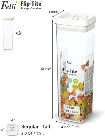 Felli Flip Tite TALL Storage Container with Lid 4" Air Tight Easy Open Ring Top, Clear Acrylic Skinny Canister Jar for Spaghetti Lasagna Fettuccine Noodle, Kitchen Cupboard Pantry Organizer (2.0 qt)