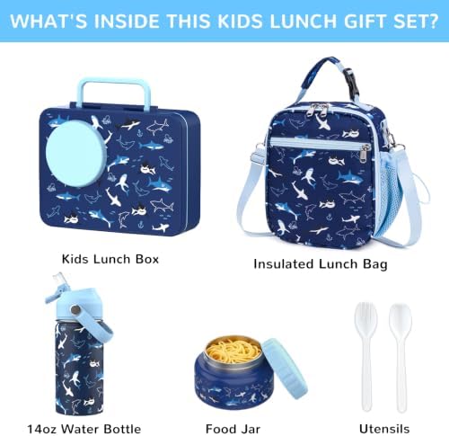 Kids Bento Lunch Box with Food Jar, Water Bottle, Lunch Bag, Shark