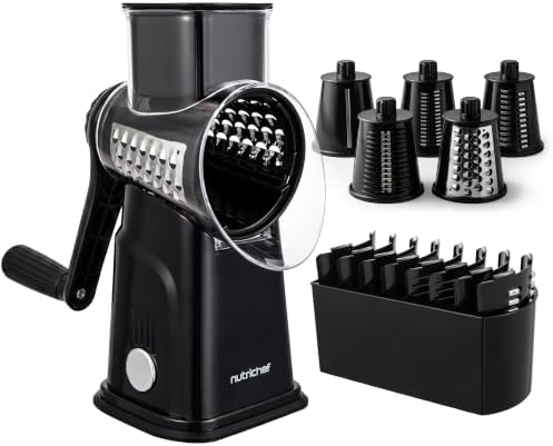 NutriChef 5 in 1 Cheese Grater & Shredder | 5 Different Blades for Thin, Thick, Julienne Strips, Wavy, & Straight Strips | Includes Hand Crank, Strong Suction Base & Storage Container | Black