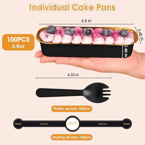 100 Pack Mini Cake Pans with Lids and Spoons, Disposable Aluminum Foil Cake Tins（6.8oz） Individual Small Cake Baking Containers for Party, Wedding, Birthday