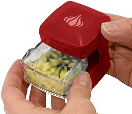 Garlic-A-Peel Garlic Press, Crusher, Cutter, Mincer, and Storage Container - Includes Silicone Garlic Peeler - Easy to Clean - Stainless Steel Blades – (Red), standard