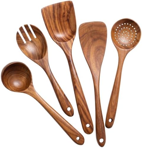AIUHI Wood Utensils Set for Cooking, Teak Wooden Utensils Set Wood Spatula for Nonstick Cookware Kitchen Utensils Set 5