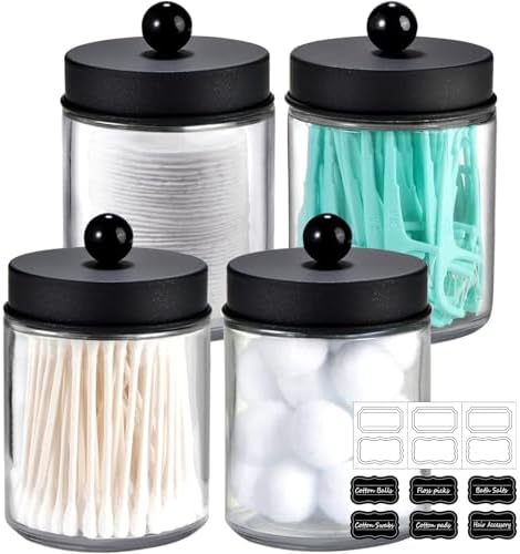 Amolliar Glass Apothecary Jar Qtip Holder Metal Lids 4pc/Black