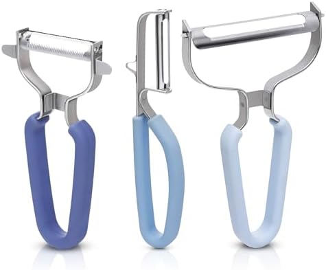 CuttleLab Vegetable Peeler Set – Serrated, Straight & Wide Blades- great apple peeler & potato peelers, Carrots, Zucchini, Cucumbers – Soft Grip Handle- Eye Remover – Dishwasher Safe (3, Farmhouse)