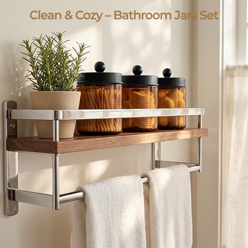 Amolliar Amber Glass Apothecary Jar Qtip Holder Metal Lids 4pc/Amber-black
