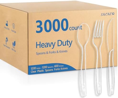SACATR 3000 Count Clear Plastic Silverware Heavy Duty -Forks, Spoons,Knives
