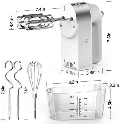 Hand Mixer Electric, 450W Kitchen Mixers with Scale Cup Storage Case, Turbo Boost/Self-Control Speed + 5 Speed + Eject Button + 5 Stainless Steel Accessories, For Easy Whipping Dough, Cream, White