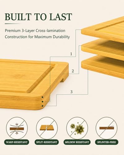 Cutting Board Set,3 Pack Bamboo Cutting Boards for Kitchen, Butcher Block Cutting Boards with Built-in Handles, Serving Board for Meat, Vegetables, Cheese, Bread and Charcuterie