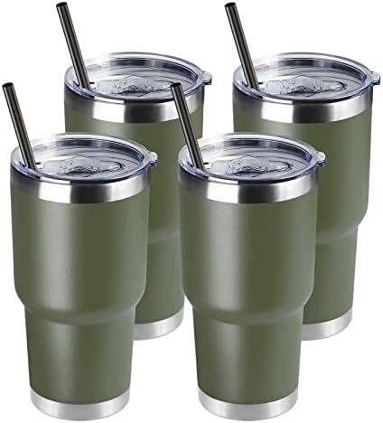 DOMICARE 30 oz Tumbler with Lid and Straw, Stainless Steel Tumblers Bulk, Insulated Vacuum Double Wall Travel Coffee Mug, Durable Powder Coated Tumbler Cups (Army Green, 4)