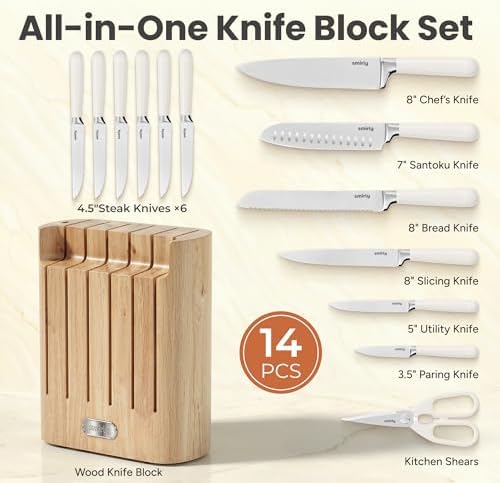 SMIRLY 14-Piece Kitchen Knife Set with Block, Razor-Sharp, Cream White