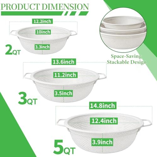 White Stainless Steel Colander Set of 3, 2, 3 & 5 Quart Metal Kitchen Strainers with Handles and Non-Slip Feet, Pasta Drainer for Rinsing Rice, Fruits and Vegetables, Dishwasher Safe