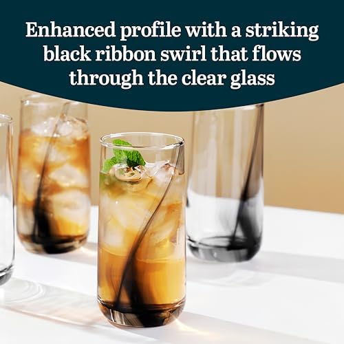 16 Oz Ascent Black Ribbon Drinking Glasses Set of 8