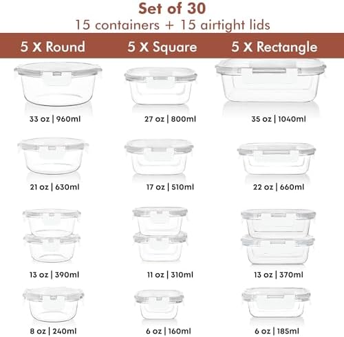 Razab 30 PC Glass Food Storage Containers with Lids - Reusable Glass Meal Prep Containers for Lunch and Leftovers - Airtight & Leakproof Snap Locking Lids - Oven, Freezer, Microwave, Dishwasher Safe
