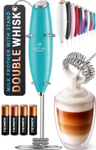 Zulay Kitchen Powerful Milk Frother Wand With Duracell Batteries - Ultra Fast Handheld Drink Mixer - Electric Whisk Foam Maker for Coffee, Lattes, Cappuccino & Matcha - Double Whisk - Caribbean Aqua