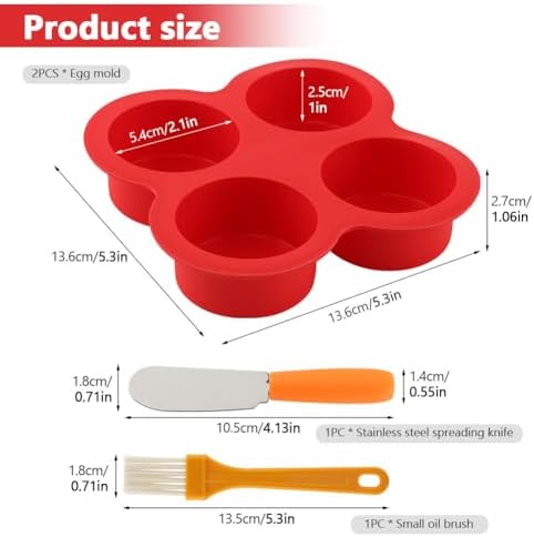 2 Pack Silicone Egg Bite Molds with 1 Spatula & 1 Brush, 4 Cups Silicone Air Fryer Baking Pan Non-Stick for Egg Bites, Cupcake, Tart, Frittata, Quiche, Muffins, Cornbread