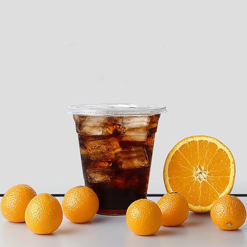 TashiBox plastic cups with lids [12 oz 100cups&100flat lids],Clear Crystal disposable plastic cups,smoothie cups