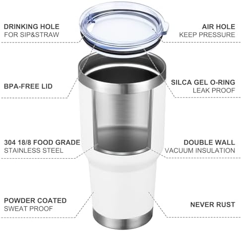 MEWAY 30oz Insulated Tumbler With Lids and Straws,Stainless Steel Double Vacuum Coffee Tumbler Cup, Brush, Durable Powder Coated Coffee Cup for Cold & Hot Drinks, Office, Travel(White,12 PACK)