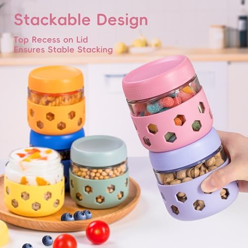 Gemice 6-Pack 10oz Glass Mason Jars with Silicone Sleeves, Airtight BPA-Free Overnight Oats Containers with Lids, Dishwasher Safe Leak-Proof Meal Prep Jars for Chia Pudding, Yogurt, Snacks