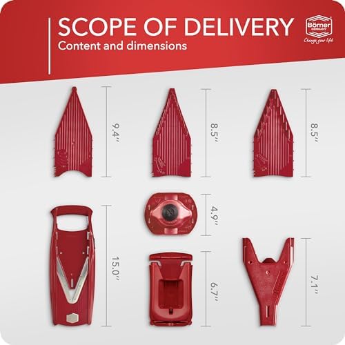 Börner Mandoline Slicer V5 (Professional Set) • Adjustable Vegetable Slicer (7-piece) • 10 Cutting Styles • Kitchen Slicer incl. Docking Station • Stainless Steel V-Blade • Color: Red