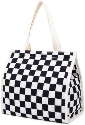 Insulated Lunch Bag for Work, 10.2"x5.9"x10.2" Oxford Waterproof Lunch Tote, Thermal Lunch Box for Office, Picnic & Outdoor, Striped Canvas Tote Bag -Check Black