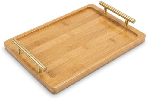PEKER Wooden Serving Tray with Metal Handles, Black Decorative Coffee Table Tray for Breakfast in Bed, Ottoman & Home Décor, Wooden Food Tray for Kitchen