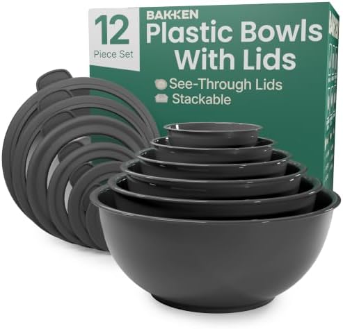 Bakken Master 12 Piece Plastic Nesting Bowls with Lids - Mixing Bowls Set includes 6 Prep Bowls and 6 Lids, BPA-Free, Reusable Meal Prep Containers, Microwave, Freezer & Dishwasher Safe, Gray