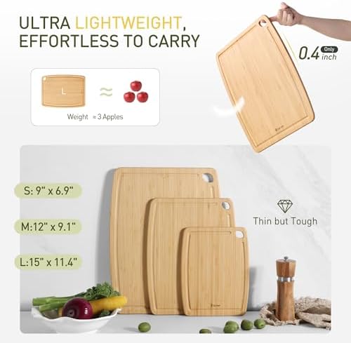 Lightweight Durable Bamboo Cutting Board Set with Non-Slip Feet, Wood Cutting Board for Busy Kitchen, Easy Clean Wooden Chopping Boards with Juice Groove Best House Warming Gift Set of 3 (S+M+L)